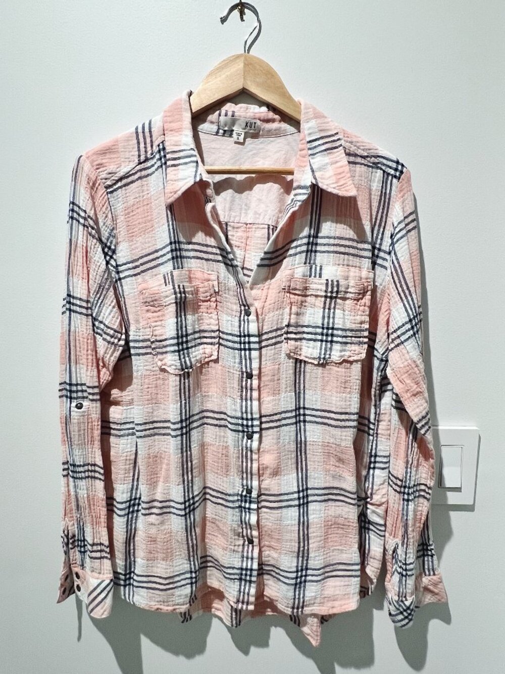 KUT from the Kloth Gauzy Plaid Snap Shirt | Pink + Navy + White | Sz XL